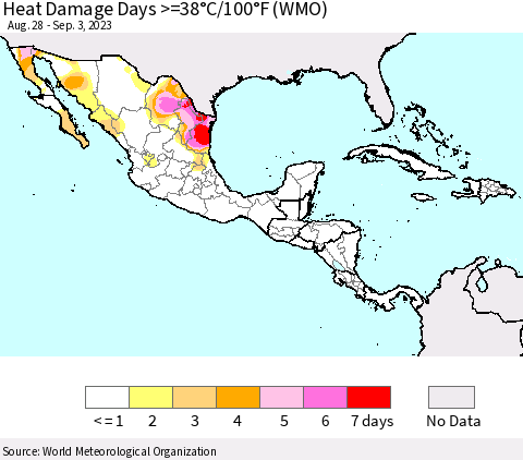 Mexico Central America and the Caribbean Heat Damage Days >=38°C/100°F (WMO) Thematic Map For 8/28/2023 - 9/3/2023