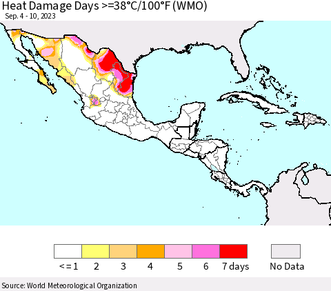 Mexico Central America and the Caribbean Heat Damage Days >=38°C/100°F (WMO) Thematic Map For 9/4/2023 - 9/10/2023
