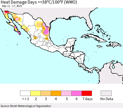 Mexico Central America and the Caribbean Heat Damage Days >=38°C/100°F (WMO) Thematic Map For 9/11/2023 - 9/17/2023
