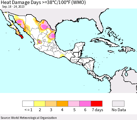 Mexico Central America and the Caribbean Heat Damage Days >=38°C/100°F (WMO) Thematic Map For 9/18/2023 - 9/24/2023