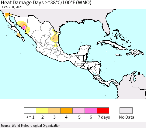 Mexico Central America and the Caribbean Heat Damage Days >=38°C/100°F (WMO) Thematic Map For 10/2/2023 - 10/8/2023