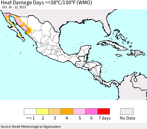 Mexico Central America and the Caribbean Heat Damage Days >=38°C/100°F (WMO) Thematic Map For 10/16/2023 - 10/22/2023