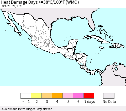 Mexico Central America and the Caribbean Heat Damage Days >=38°C/100°F (WMO) Thematic Map For 10/23/2023 - 10/29/2023
