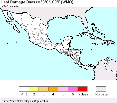 Mexico Central America and the Caribbean Heat Damage Days >=38°C/100°F (WMO) Thematic Map For 12/4/2023 - 12/10/2023