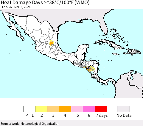 Mexico Central America and the Caribbean Heat Damage Days >=38°C/100°F (WMO) Thematic Map For 2/26/2024 - 3/3/2024