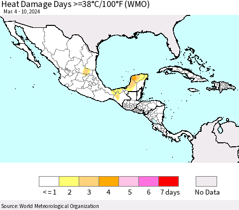 Mexico Central America and the Caribbean Heat Damage Days >=38°C/100°F (WMO) Thematic Map For 3/4/2024 - 3/10/2024