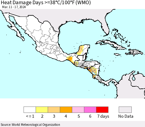 Mexico Central America and the Caribbean Heat Damage Days >=38°C/100°F (WMO) Thematic Map For 3/11/2024 - 3/17/2024