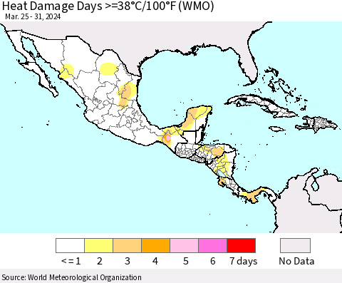 Mexico Central America and the Caribbean Heat Damage Days >=38°C/100°F (WMO) Thematic Map For 3/25/2024 - 3/31/2024