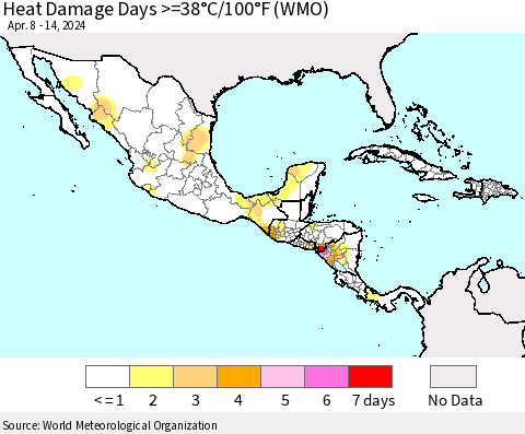 Mexico Central America and the Caribbean Heat Damage Days >=38°C/100°F (WMO) Thematic Map For 4/8/2024 - 4/14/2024
