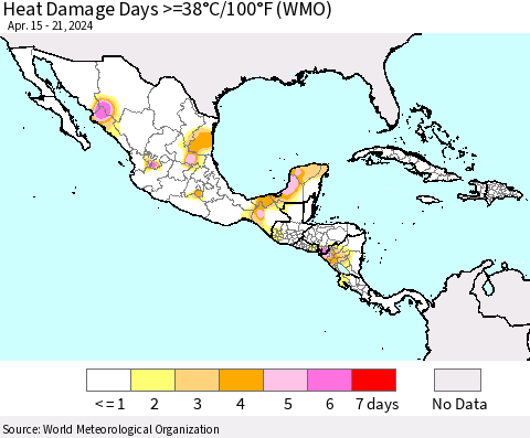 Mexico Central America and the Caribbean Heat Damage Days >=38°C/100°F (WMO) Thematic Map For 4/15/2024 - 4/21/2024