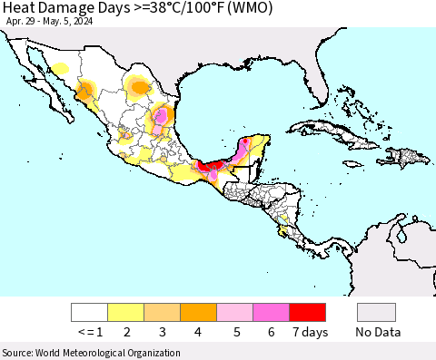Mexico Central America and the Caribbean Heat Damage Days >=38°C/100°F (WMO) Thematic Map For 4/29/2024 - 5/5/2024