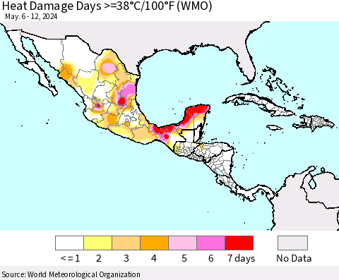 Mexico Central America and the Caribbean Heat Damage Days >=38°C/100°F (WMO) Thematic Map For 5/6/2024 - 5/12/2024