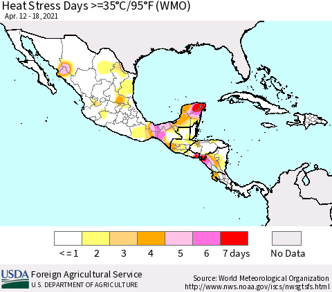 Mexico Central America and the Caribbean Heat Stress Days >=35°C/95°F (WMO) Thematic Map For 4/12/2021 - 4/18/2021