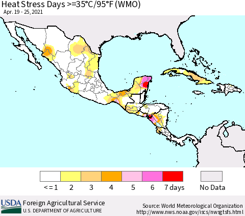 Mexico Central America and the Caribbean Heat Stress Days >=35°C/95°F (WMO) Thematic Map For 4/19/2021 - 4/25/2021