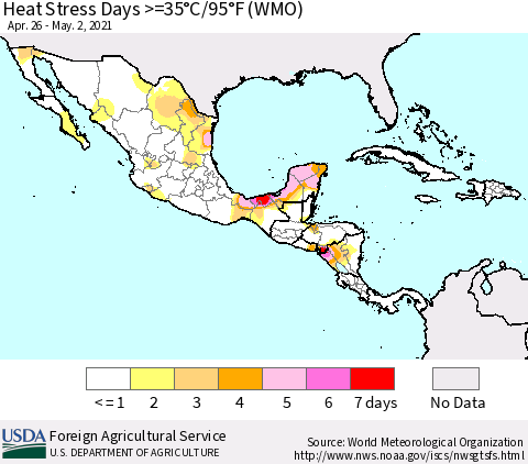 Mexico Central America and the Caribbean Heat Stress Days >=35°C/95°F (WMO) Thematic Map For 4/26/2021 - 5/2/2021