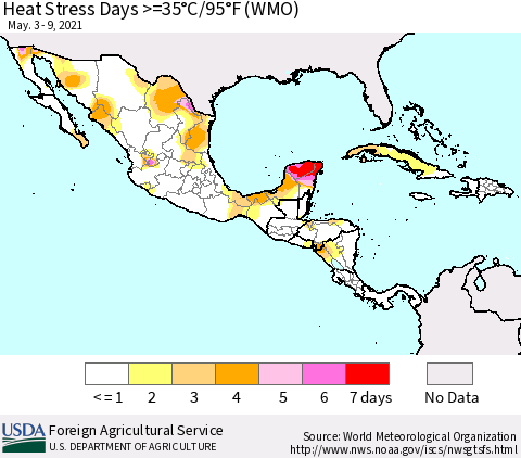 Mexico Central America and the Caribbean Heat Stress Days >=35°C/95°F (WMO) Thematic Map For 5/3/2021 - 5/9/2021