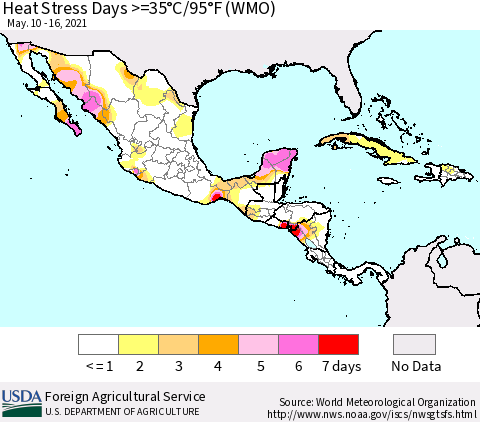 Mexico Central America and the Caribbean Heat Stress Days >=35°C/95°F (WMO) Thematic Map For 5/10/2021 - 5/16/2021