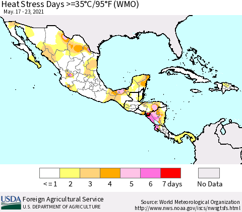 Mexico Central America and the Caribbean Heat Stress Days >=35°C/95°F (WMO) Thematic Map For 5/17/2021 - 5/23/2021