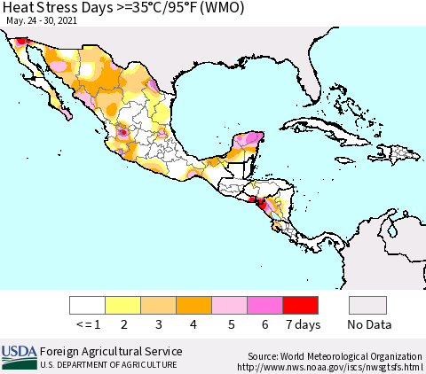 Mexico Central America and the Caribbean Heat Stress Days >=35°C/95°F (WMO) Thematic Map For 5/24/2021 - 5/30/2021