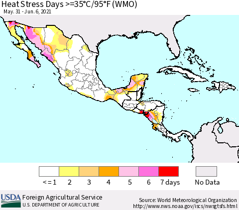 Mexico Central America and the Caribbean Heat Stress Days >=35°C/95°F (WMO) Thematic Map For 5/31/2021 - 6/6/2021