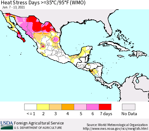 Mexico Central America and the Caribbean Heat Stress Days >=35°C/95°F (WMO) Thematic Map For 6/7/2021 - 6/13/2021