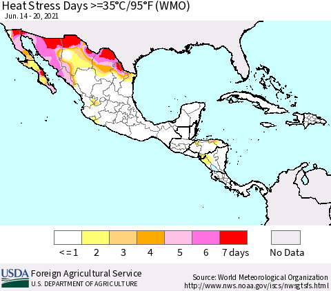 Mexico Central America and the Caribbean Heat Stress Days >=35°C/95°F (WMO) Thematic Map For 6/14/2021 - 6/20/2021
