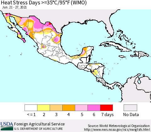 Mexico Central America and the Caribbean Heat Stress Days >=35°C/95°F (WMO) Thematic Map For 6/21/2021 - 6/27/2021