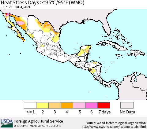 Mexico Central America and the Caribbean Heat Stress Days >=35°C/95°F (WMO) Thematic Map For 6/28/2021 - 7/4/2021