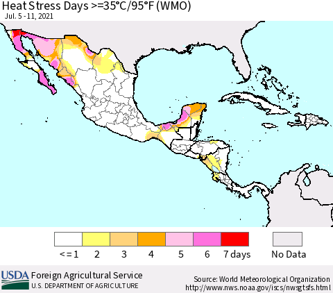 Mexico Central America and the Caribbean Heat Stress Days >=35°C/95°F (WMO) Thematic Map For 7/5/2021 - 7/11/2021