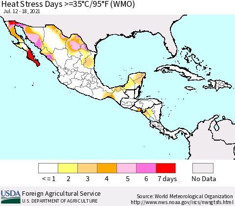 Mexico Central America and the Caribbean Heat Stress Days >=35°C/95°F (WMO) Thematic Map For 7/12/2021 - 7/18/2021