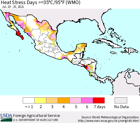 Mexico Central America and the Caribbean Heat Stress Days >=35°C/95°F (WMO) Thematic Map For 7/19/2021 - 7/25/2021