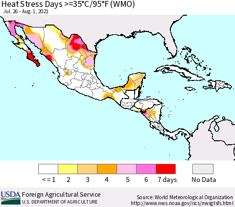 Mexico Central America and the Caribbean Heat Stress Days >=35°C/95°F (WMO) Thematic Map For 7/26/2021 - 8/1/2021