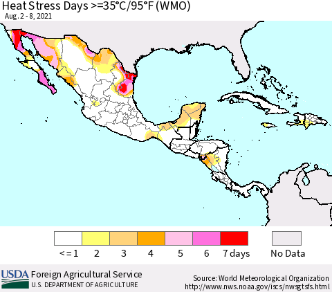 Mexico Central America and the Caribbean Heat Stress Days >=35°C/95°F (WMO) Thematic Map For 8/2/2021 - 8/8/2021