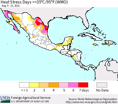 Mexico Central America and the Caribbean Heat Stress Days >=35°C/95°F (WMO) Thematic Map For 8/9/2021 - 8/15/2021