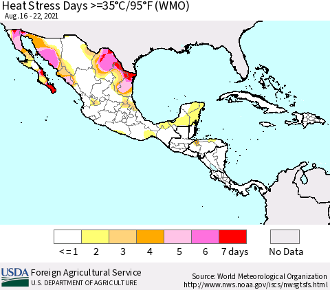 Mexico Central America and the Caribbean Heat Stress Days >=35°C/95°F (WMO) Thematic Map For 8/16/2021 - 8/22/2021