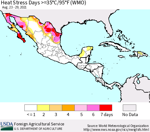 Mexico Central America and the Caribbean Heat Stress Days >=35°C/95°F (WMO) Thematic Map For 8/23/2021 - 8/29/2021