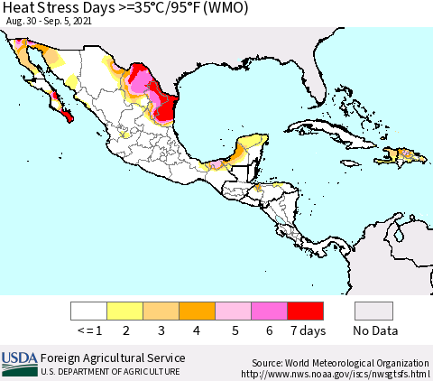 Mexico Central America and the Caribbean Heat Stress Days >=35°C/95°F (WMO) Thematic Map For 8/30/2021 - 9/5/2021