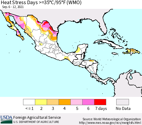 Mexico Central America and the Caribbean Heat Stress Days >=35°C/95°F (WMO) Thematic Map For 9/6/2021 - 9/12/2021