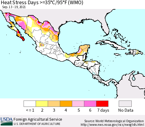 Mexico Central America and the Caribbean Heat Stress Days >=35°C/95°F (WMO) Thematic Map For 9/13/2021 - 9/19/2021