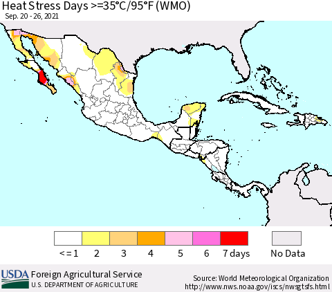 Mexico Central America and the Caribbean Heat Stress Days >=35°C/95°F (WMO) Thematic Map For 9/20/2021 - 9/26/2021