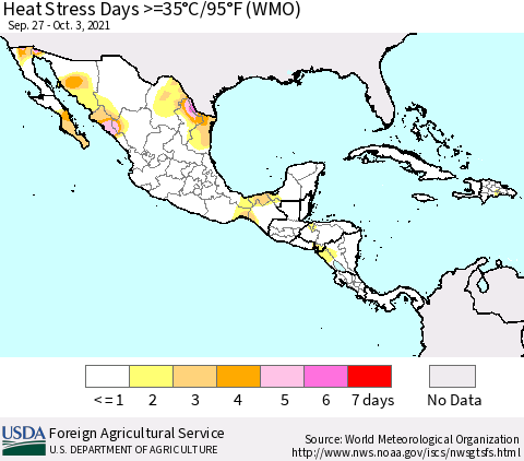 Mexico Central America and the Caribbean Heat Stress Days >=35°C/95°F (WMO) Thematic Map For 9/27/2021 - 10/3/2021