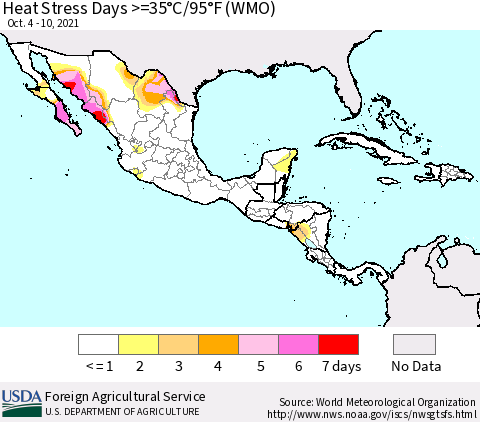 Mexico Central America and the Caribbean Heat Stress Days >=35°C/95°F (WMO) Thematic Map For 10/4/2021 - 10/10/2021