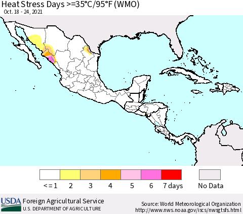 Mexico Central America and the Caribbean Heat Stress Days >=35°C/95°F (WMO) Thematic Map For 10/18/2021 - 10/24/2021
