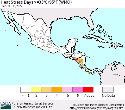 Mexico Central America and the Caribbean Heat Stress Days >=35°C/95°F (WMO) Thematic Map For 1/24/2022 - 1/30/2022