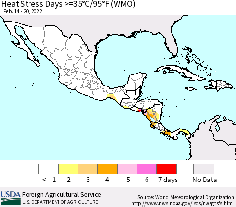 Mexico Central America and the Caribbean Heat Stress Days >=35°C/95°F (WMO) Thematic Map For 2/14/2022 - 2/20/2022