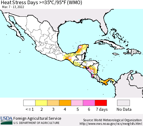 Mexico Central America and the Caribbean Heat Stress Days >=35°C/95°F (WMO) Thematic Map For 3/7/2022 - 3/13/2022