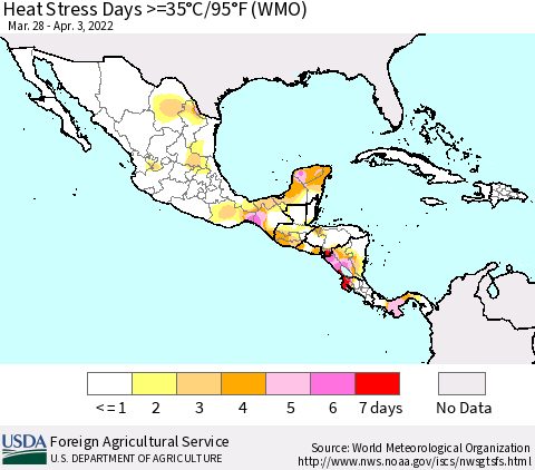 Mexico Central America and the Caribbean Heat Stress Days >=35°C/95°F (WMO) Thematic Map For 3/28/2022 - 4/3/2022