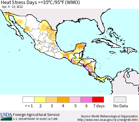 Mexico Central America and the Caribbean Heat Stress Days >=35°C/95°F (WMO) Thematic Map For 4/4/2022 - 4/10/2022