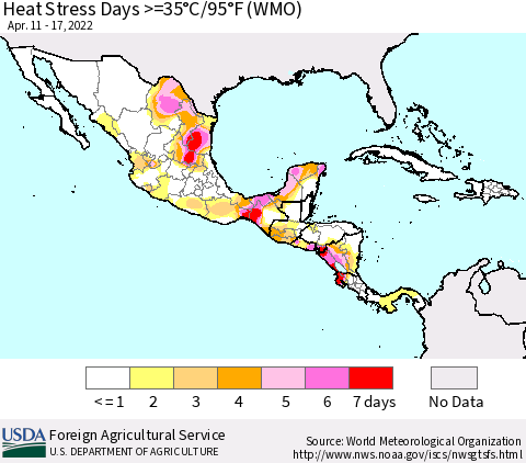Mexico Central America and the Caribbean Heat Stress Days >=35°C/95°F (WMO) Thematic Map For 4/11/2022 - 4/17/2022