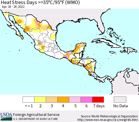 Mexico Central America and the Caribbean Heat Stress Days >=35°C/95°F (WMO) Thematic Map For 4/18/2022 - 4/24/2022